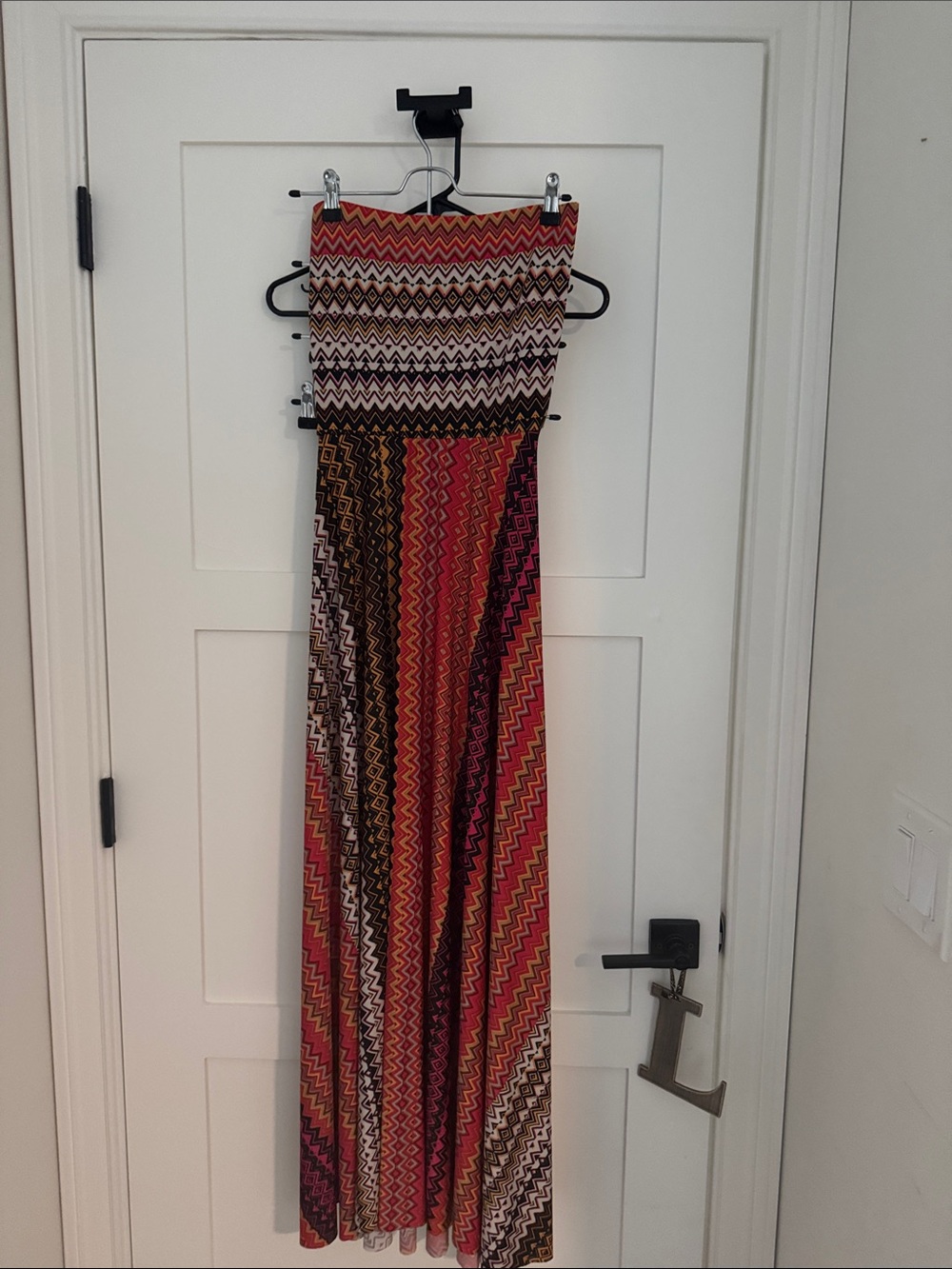 Elan Strapless Zigzag Maxi Dress in Red, Orange, Black and Cream